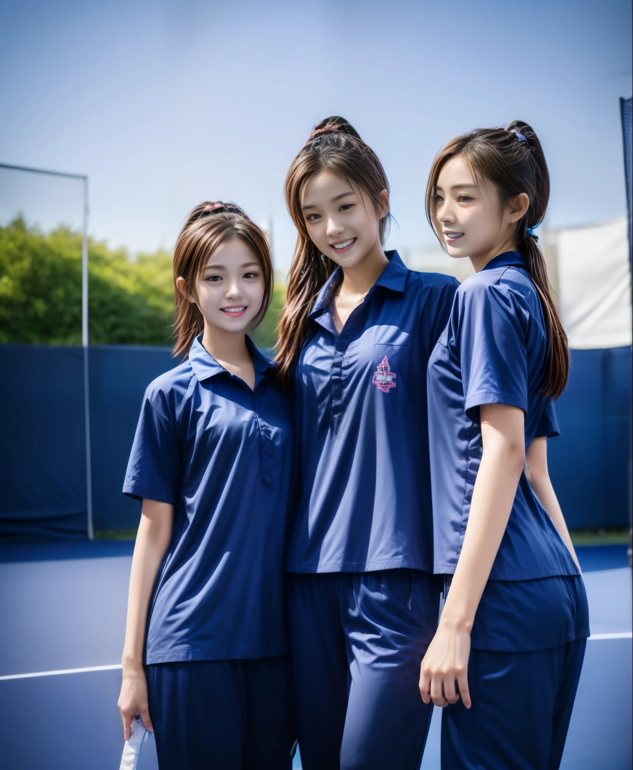 3 girls play tennis at tennis courts, Navy blue short-sleeved shirt,Navy Long Trackpant,Sweatpants, Sweatpantsขายาว,25 year old girl, lesbian, sexy, exercise clothes, wet body, exercise clothes