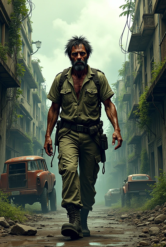 Create a character who is a retired ex-military man destroyed by a zombie apocalypse. He should be more unkempt and emaciated, not too old (around 32), and with few resources. Make him not too realistic and not too cartoonish.

