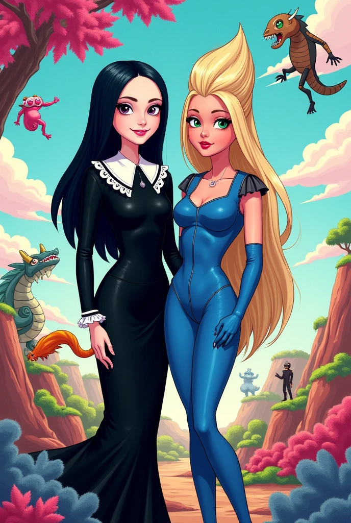 cartoon movie poster with a girl with blonde hollywood waves holding a shovel with a white body suit on and a white fur coat next to a women with black hollywood waves and red shirt with a circular whole through her body/stomach. the text above them reads "Taste"