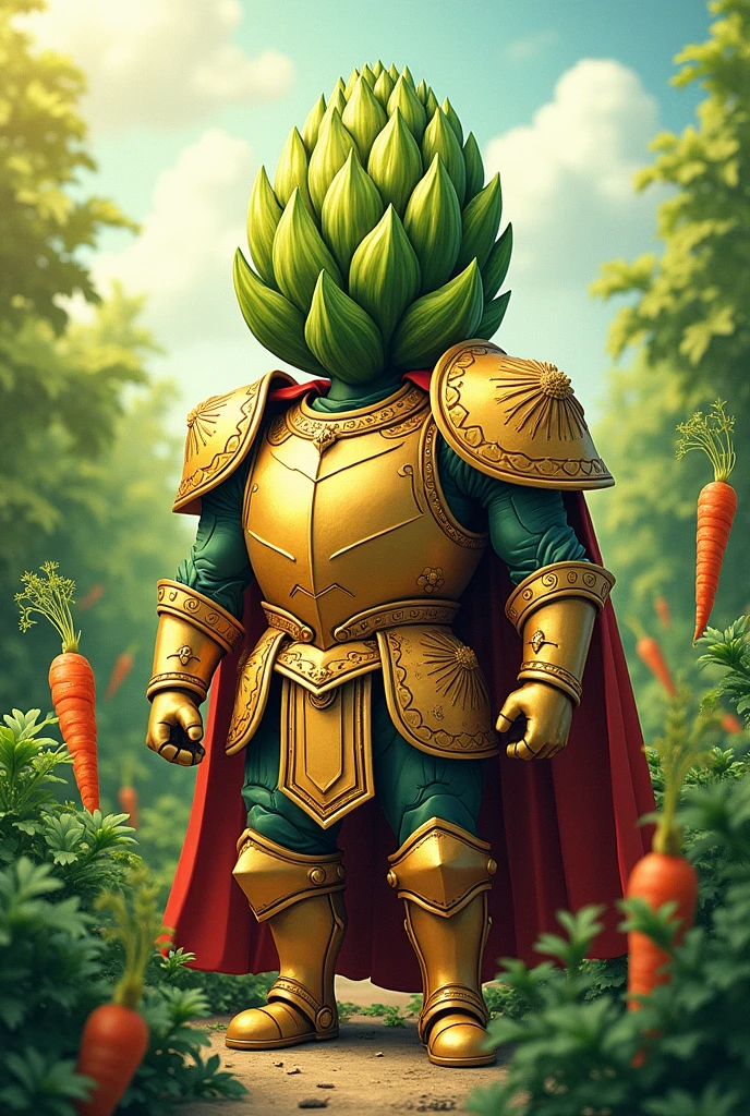 Drawing inspired by "Ode to the Artichoke" by Pablo Neruda, artichoke in armor, surrounded by a garden or field, in a scene that captures its resilience and dignity, as if it were a vegetable hero. including elements like other vegetables or plants, representing a "companions in this poetic metaphor. That it's not in a realistic style