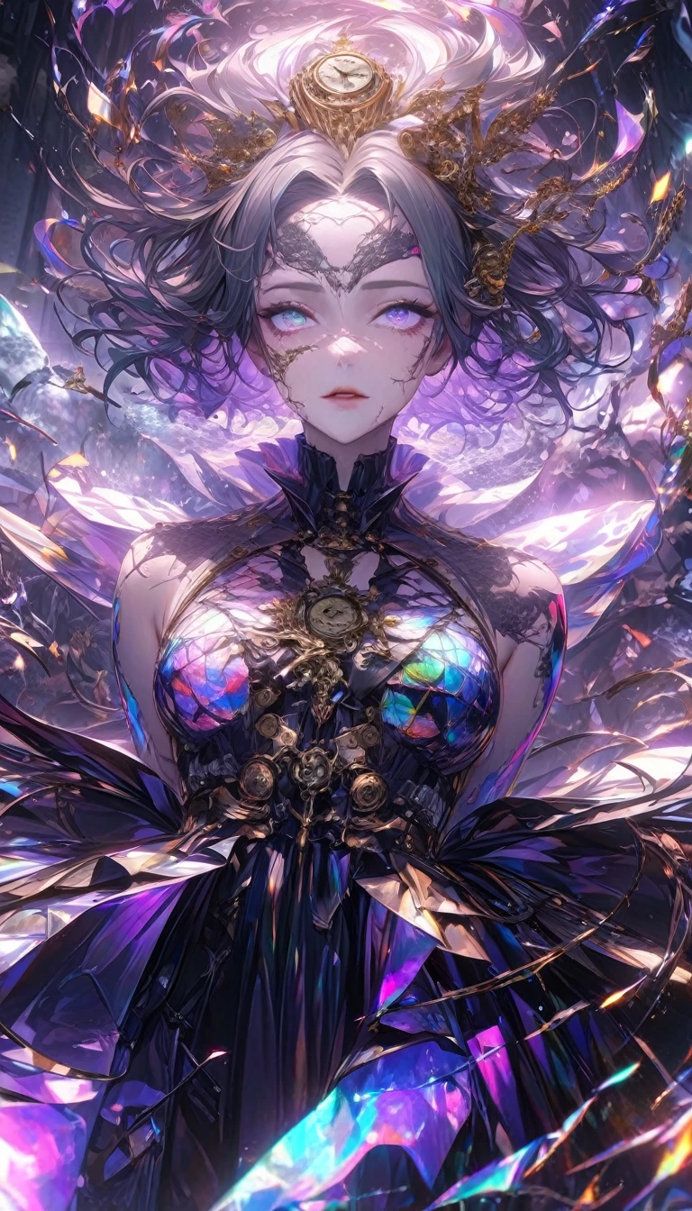 female demon, dignified beauty, cool beauty, purple paint patterns on her face (forehead and under her eyes), and golden eye-like paint patterns on her forehead, green messy short hair, attractive and seductive expression, wearing green and purple dress, superlative body proportion, purple covered in tattoos, background shattered cracked glass, fusion of (cyber, diesel, clock, steam) punk and (water, fire, earth, wind) punk, iridescent glitter effects, conceptual installation art, (ultra detailed, absolutely resolution, best quality:1.3), 2.5D, delicate and dynamic, iridescent effects, artistic, hyper, graphic CG digital art