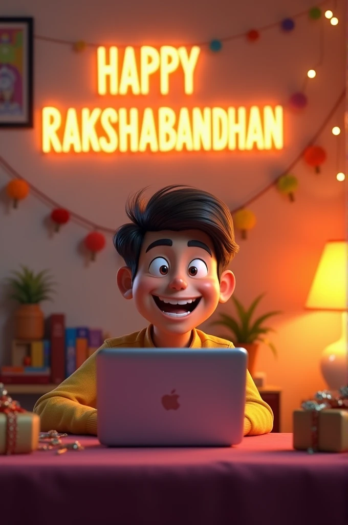 create a 3d image, a brother wishing Rakshabandhan to her sister through video call in the laptop, background wall written with ' happy rakshabandhan '