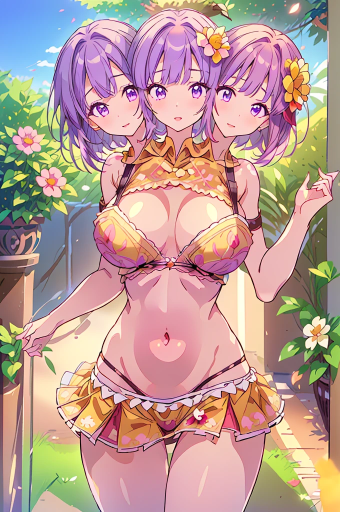 (masterpiece, best quality), best quality, (ultra-detailed), ((3heads:1.5)), 1girl, (hieda no akyuu:1.3), masterpiece, (high quality), (high resolution), (best quality:1.5, highres, UHD), highres, absurdo, ultra detail, ultra quality, yellow flower-patterned top, with pink and black trim, crop top, ((stomach)), midriff, ((groin)), red skirt, normal ears, shackles, purple hair, short hair, smiling, purple eyes, detailed eyes, parted lips, light pink flower-shaped ornament, sweat, cute, toned belly, hand on own chest, eyelashes, (24 year old woman:1.3), (masterpiece:1.5), (best quality:1.5), (beautiful detailed), extremely detailed CG, extremely delicate and beautiful, depth of field, (finely detailed face), (perfect details:1.2), (mature female:1.3), wide pelvis, slender, large veiny breast, 16k resolution, highres, very high quality, very high definition, extremely detailed, masterpiece, purple hair, short hair, alluring presence, flower decoration on hair, short skirt, close up, very big tits, huge breasts, young, light pink flower-shaped ornament, 3heads, three headed girl,
