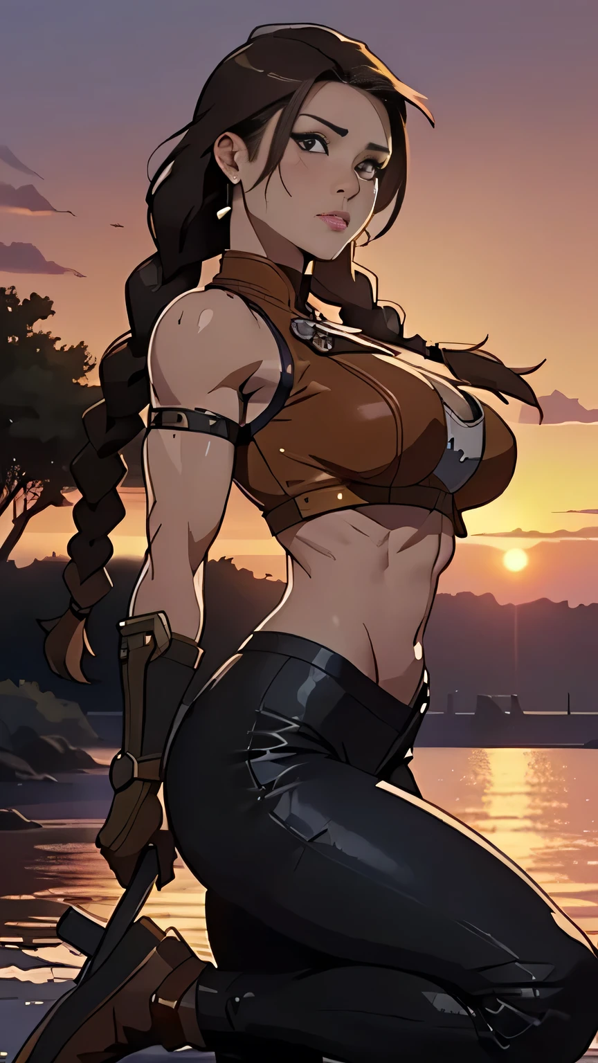 photo of mlp Meowko, RAW, beautiful woman, ((portrait)), ((detailed face:1.2)), ((anime face, anime facial feature, clear skin, glossy anime lips, clear skin), (long haircut, brunette, Warrior braids: 1.55), (perfect proportioned body, Strong, muscular, narrow waist, narrow hips, skinny, large breasts, exposed belly button and abbs), ((she wears a detailed chainmail and leather, Brown leather, bare arms, simple Viking armor, leather combat pants, bare midriff, no gloves:1.1)), Fighting using an axe, kneeling by the river, splits kneeling, legs open, huge battle, Viking ships on a river, (realistic photo, best quality, detailed), (8k wallpaper), (bright cinematic lighting, lens flares, beautiful light, (sunset:1.3)) (sharp focus, intricate)