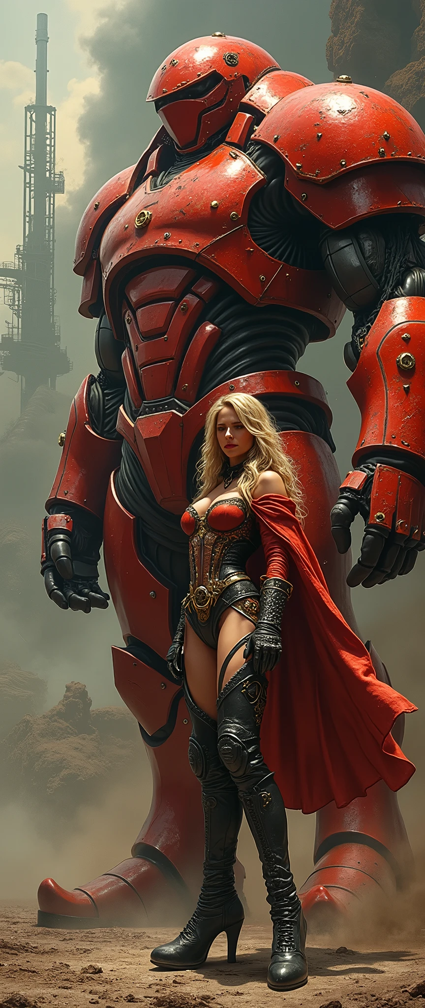 A glamorous steampunk heroine, adorned in intricate Red gold highlights and leather attire, stands confidently next to a colossal, mechanized red and gold titan. The scene is set against a dramatic, industrial backdrop reminiscent of Gerald Brom's dark and fantastical style combined with Frank Frazetta's dynamic and muscular aesthetics. The atmosphere is charged with a blend of gritty steampunk elements and epic fantasy, with an emphasis on bold contrasts and intense energy.