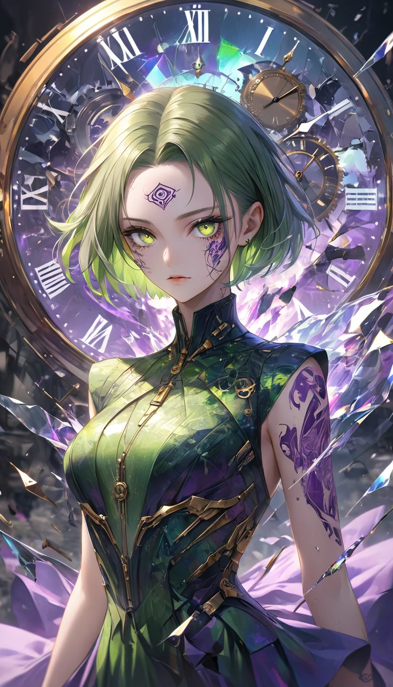 female demon, dignified beauty, cool beauty, purple paint patterns on her face (forehead and under her eyes), and golden eye-like paint patterns on her forehead, green messy short hair, attractive and seductive expression, wearing green and purple dress, superlative body proportion, purple covered in tattoos, background shattered cracked glass, fusion of (cyber, diesel, clock, steam) punk and (water, fire, earth, wind) punk, iridescent glitter effects, conceptual installation art, (ultra detailed, absolutely resolution, best quality:1.3), 2.5D, delicate and dynamic, iridescent effects, artistic, hyper, graphic CG digital art