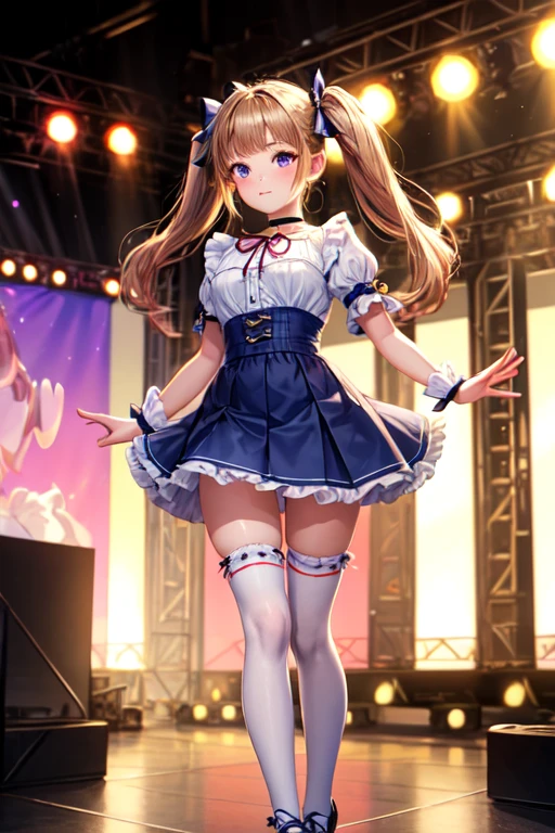 beautiful girl, young girl, young, Innocent, , , Twin tails, choker, Highest quality, masterpiece, 8k, Ultra-high resolution, Photorealistic:1.4, Beautiful Face、Symmetrical eyes, ribbon, Frills, Race, Shake it, Put your arms behind your back, Knee socks, Knee-high socks, Embarrassing, Idol, stage