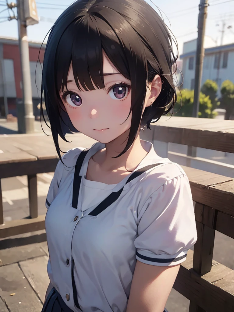 Old body portrait of a beautiful girl、Delicate、detaileds、​masterpiece、Real Stick, ((1 little young girl)), 3D background、Backgrounds with depth、Realistically exaggerate changes in material texture、Exaggeration of gloss、The best transcendental virtuosity, flat breasts, junior high school uniform, 13 years old