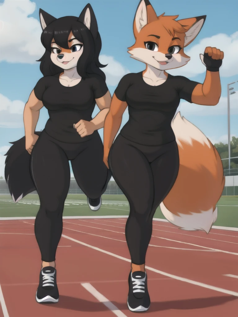 Furry, fox, female, black shirt, black leggings, shoes, running track, friends, full body