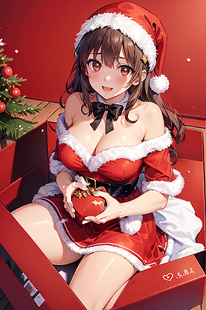 UHD, masterpiece, anatomically correct, super detail, high details, best quality, 8k,perfect beauty girl, oily skin, random Breast size、random hair style、random hair color, sntdrs, red santa dress,fur,belt, crazy eyes, smile, anime style, retina,christmas, snow, yomama_surprise_gift_v5,sitting present box curve,gift box, red box, hold a pink heart object with both hands