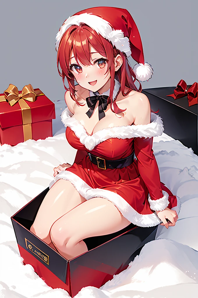 UHD, masterpiece, anatomically correct, super detail, high details, best quality, 8k,perfect beauty girl, oily skin, random Breast size、random hair style、random hair color, sntdrs, red santa dress,fur,belt, crazy eyes, smile, anime style, retina,christmas, snow, yomama_surprise_gift_v5,sitting present box curve,gift box, red box, hold a pink heart object with both hands