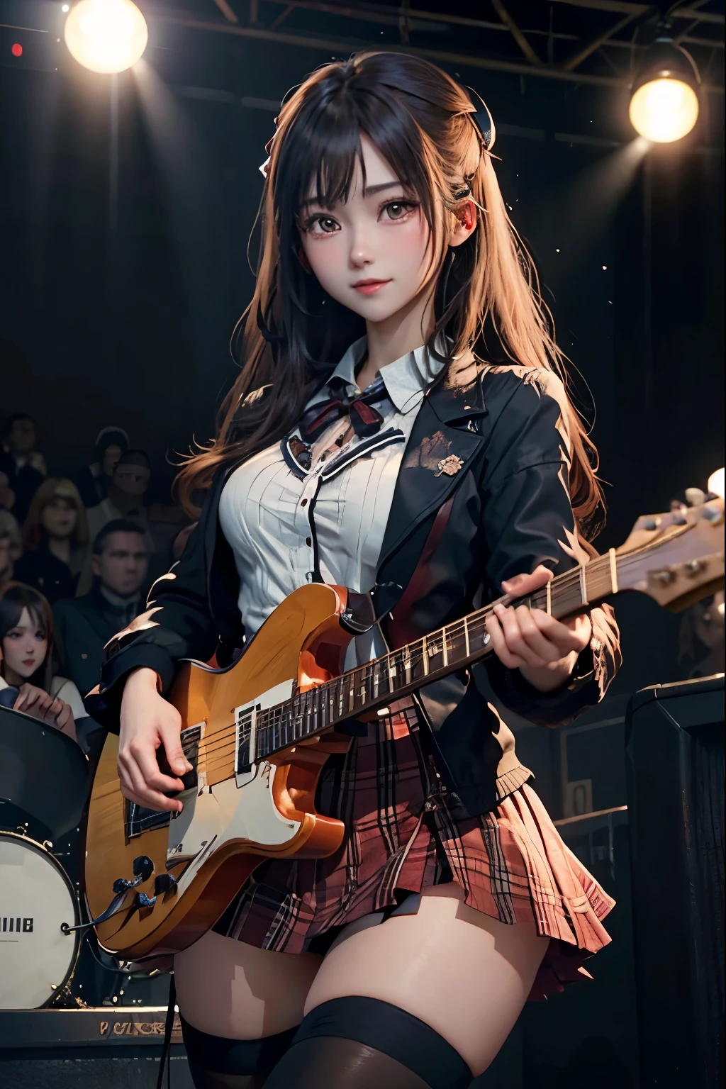 High school girl blazer、uniform、Red checked knee-length skirt、Long skirt、JK Style、Jacket、smile、Knee-high socks、Thigh-high socks、pantyhose、Extremely beautiful、Super cute、ennui、Rare Beauty、Dark black eyeshadow、sad、Skin radiance、Long Hair Straight Hair、Dark Gothic Makeup、Dark Smile、Fragrant beauty、Stained glass background、masterpiece、Highest quality、See 5 books、Sweat glistening on my chest、Sweat glistening on the face、Small breasts、22 years old、Slightly slim、Mysterious look、Sad look、Mysterious Gothic Church、enchanting castle、Excessive sweating all over the body、Thighsに大量の汗と光、光沢のあるThighs、Thighs、Thighsに大量の汗が光る、sweat profusely、Gal、Small breasts、Japanese face、Captivating look、細いThighs、play the guitar、I have a guitar、Enthusiastic singing、バンドでplay the guitar、Playing guitar chords、Background of the live music venue、Sing a song、Open your mouth、Scenery of a live music venue、Mike stand、Glamorous live stage、Dynamic Angles、Vivid straight long hair、delicate straight hair、