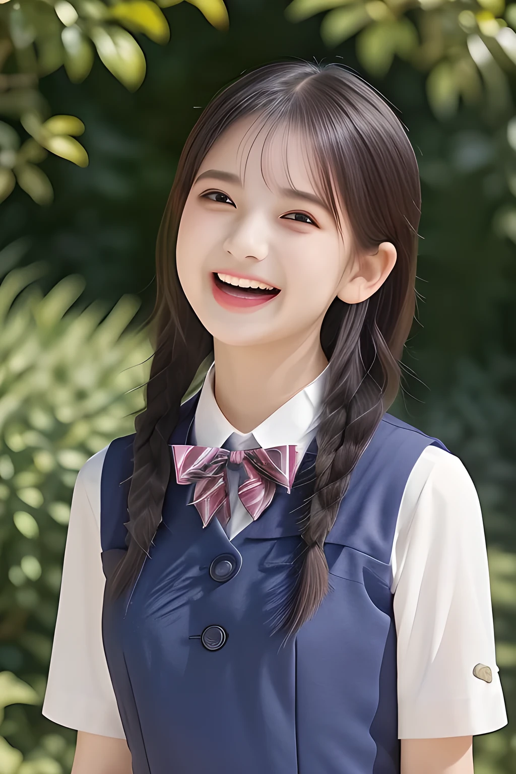 (highest quality, masterpiece, high resolution:1.2), 4K, (Photo quality detailed face: 1.2), (Giorgione painting style: 0.8), geometry, (16 yo cute girly Japanese girl with very detailed graceful cute smiling face: 1.2), Laughing cutely, (neat girly white short-sleeves school blouse: 1.0), (puffed short sleeves: 1.0), (Dark red glossy school ribbon on the breast: 1.0), (Gray Japanese school girly vest Uniform: 1.2), (Extremely laughing cheeks: 1.0), (Beautiful light-amber cute-dolly large clear laughing eyes with very detailed cutely: 1.4), (Long bottom eyelashes: 1.2), (Expressing the greatest joy with her whole body: 1.2), (Glossy lips: 1.0), (braids under her ears: 1.3), (cute earrings), (kidnapping me into the heaven as a goddess: 1.6), (white and clear skin: 1.0), (Laughing 14yo cute princess's eyes: 0.6), (Placing her beautiful white hands together like praying: 0.9)