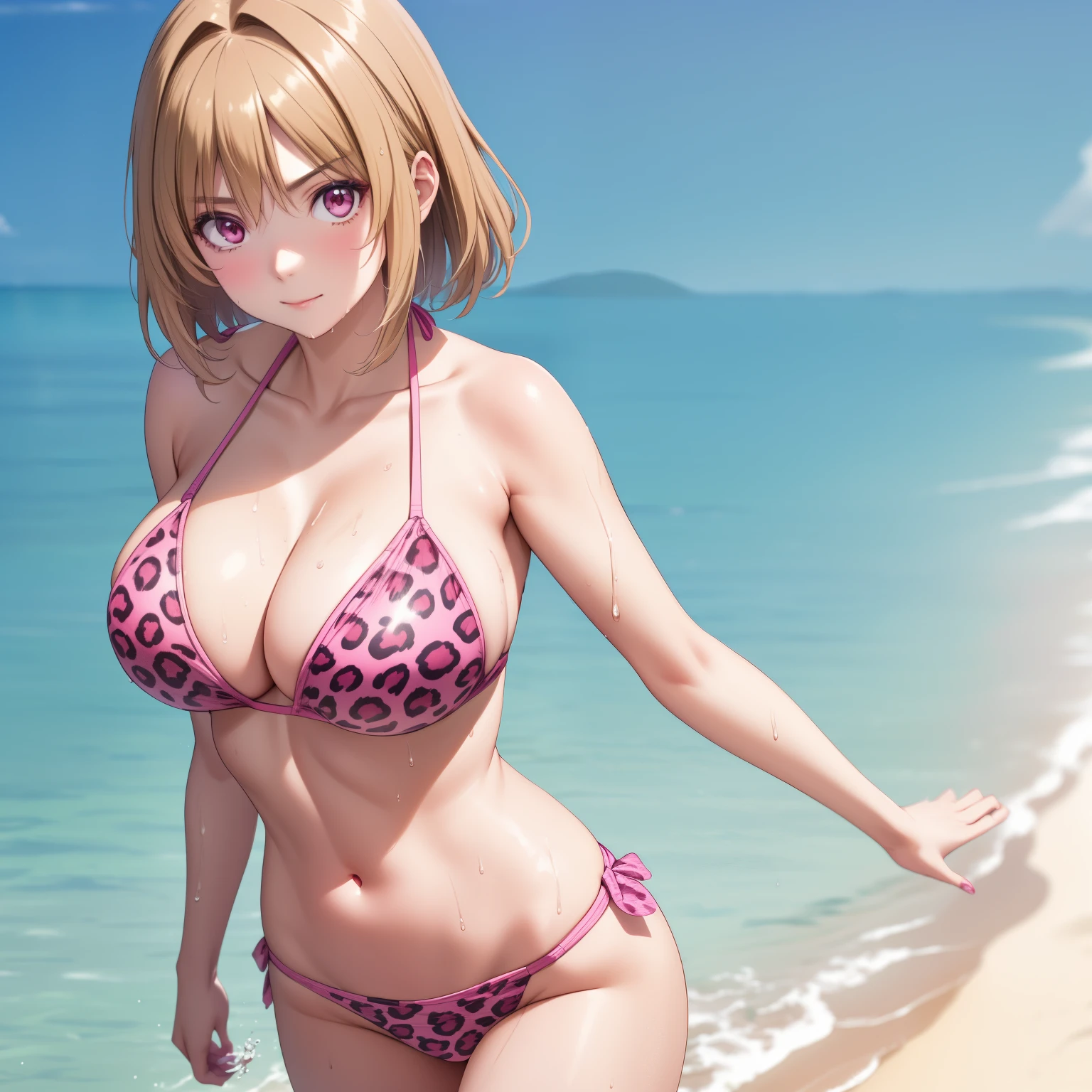 Kikyou Kushida. Woman 25 years old. short light brown hair. pink eyes, smug look,  big breasts, pink leopard print bikini, walking along a tropical beach, wet body, drops of water on his chest.