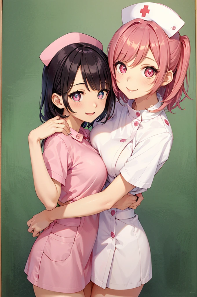 UHD, masterpiece, anatomically correct, super detail, high details, best quality, 8k,perfect beauty 2girls, oily skin, random Breast size、random hair style、random hair color,nurse uniform,nurse cap, crazy eyes, mismatched pupils, smile, anime style, retina,(hug),pink heart