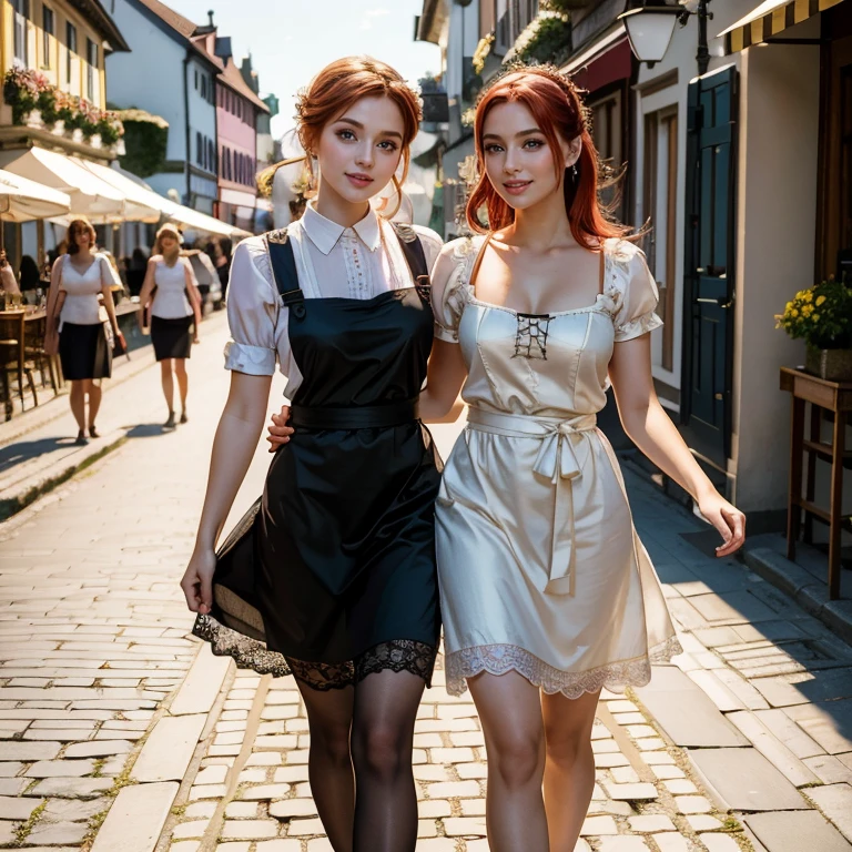 (masterpiece, best quality:1.5), highest quality, High resolution, super detailed, Realists, Upper body photo of a 22-year-old red-haired woman, detailed and beautiful eyes, beautiful detailed lips, very detailed eyes and face, longeyelashes, A 22-year-old woman in a beautiful, short, shimmering satin dirndl, tied apron,Lace on the fabric, Beautiful and colorful makeup, elegant and noble々Pose, hairband, ponytail hairstyle, Munich as a backdrop, bright daylight, bright colors, fine brushstrokes, Portrait style, beautiful color palette, glowing skin, First-class rendering, that captures every detail, enchanting atmosphere, (perfect anatomy:1.2), (The two stunning women wear a beautiful short dirndl with stockings.. smiling in love and full of joy at the festival, nice legs. They walk hand in hand down the street. Beautiful shoes (magnificent panorama view:1.2)