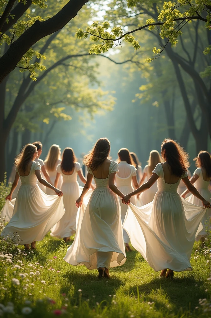 Create the image of a group of Jewish women dressed in white dancing in the middle of the forest