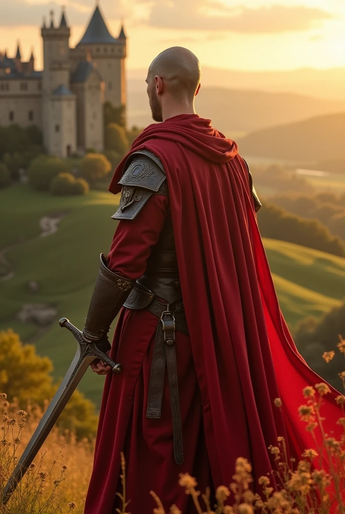 create a character in the medieval era.
an 18 year old young man ,almost shaved hair ,1,80 tall ,weighing 80 kilos.
wearing not very long red clothes and a flaming sword