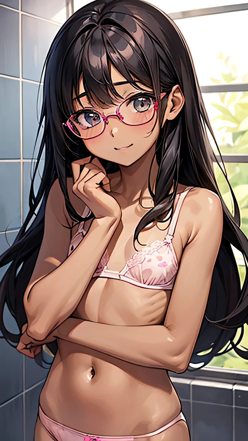 Highest quality、Realistic、、zoom、、cute、Light grey eyes、Black Hair、Long Straight Hair、Tanned brown skin、Dark Skin、Light pink bra with small character print、Light pink panties with small character print、Shy laugh、Glasses、Flat Chest、。low length、Bust Shot、shower room、