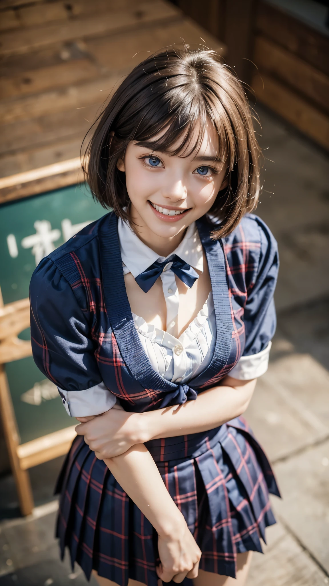 Highest quality, masterpiece, Ultra-high resolution,8k,((Toothy smile portrait:1.4)), (Realistic:1.6), ((Blue Eye)),((A radiant smile)), RAW Photos,((College uniform,tie)),((Red checked pleated skirt)),((Soft looking breasts)),((Full body photo)),1 person,Slim 22 year old adult female,(Full of smiles, )) ,((Short bangs,Straight Bob Cut)),((Ribbon in hair)),((Looking up at the audience)),Face Focus:1.4,((Shot from above:1.15)),