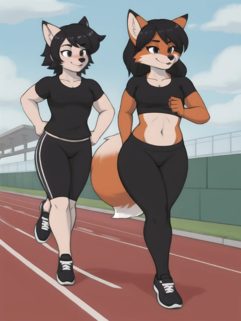 Furry, fox, female, black shirt, black leggings, shoes, running track, friends, full body