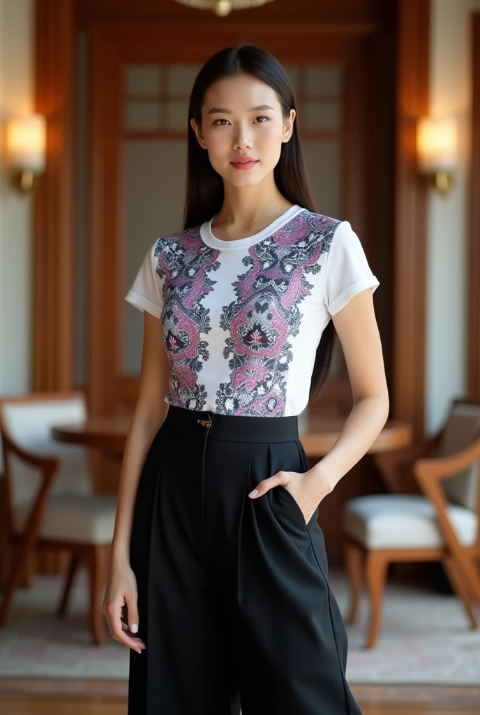 Female model. Modern style. Wearing a white short-sleeved round-neck T-shirt with Vietnamese ethnic brocade patterns in purple, blue, and black. Plain black sleeves with 2cm hem. Plain black A-line wide-leg pants, side pockets. Set in a luxurious wooden interior room. Cream-colored walls. Table, chairs, lamps