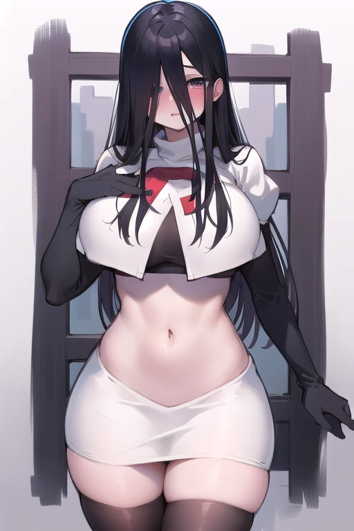 masterpiece, detailed, high quality, absurdres, sadako, (hair over eyes), pale skin, blush, large breasts, curvy, navel, stomach, groin, team rocket,team rocket uniform,white skirt,red letter R,crop top,black thigh-highs,black elbow gloves, cowboy shot,