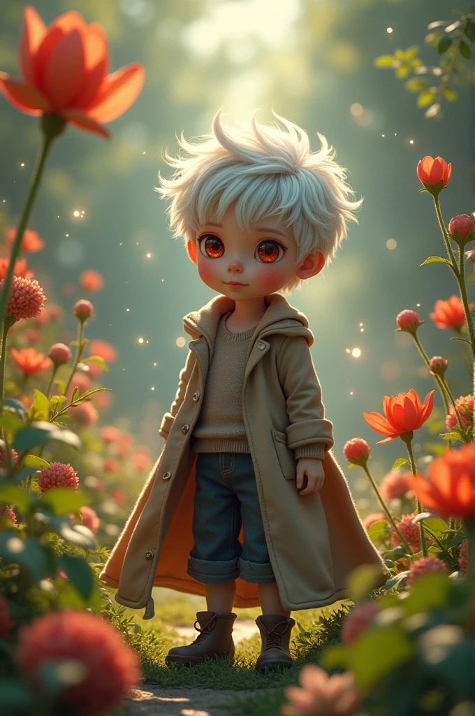 A white boy who is 7 with grey white hair and crimson eyes also wearing a coat