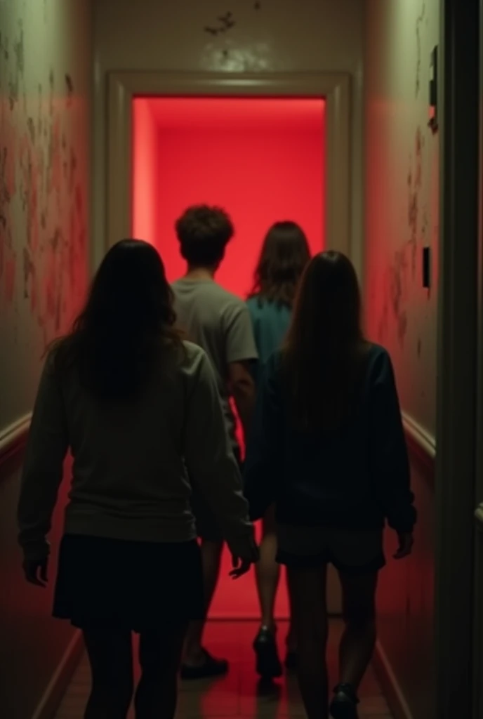 A group of friends (filmed in a handheld camera style) walks down the hallway towards the red door. The background music is tense, and one of them comments: "Was this always here?". Another responds: "I don&#39;t know, but it seems like someone doesn't want us to enter..."