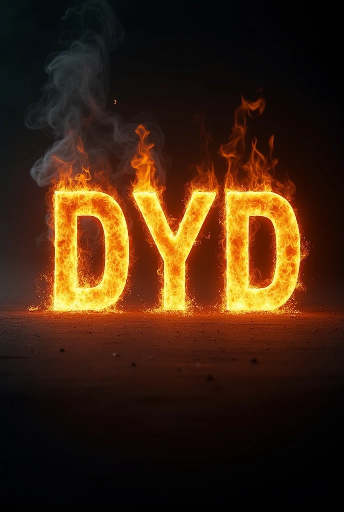 Advertisement with matte black background, bright golden letters on fire with the initials DYD offering chimney, plumbing and electrical maintenance services.