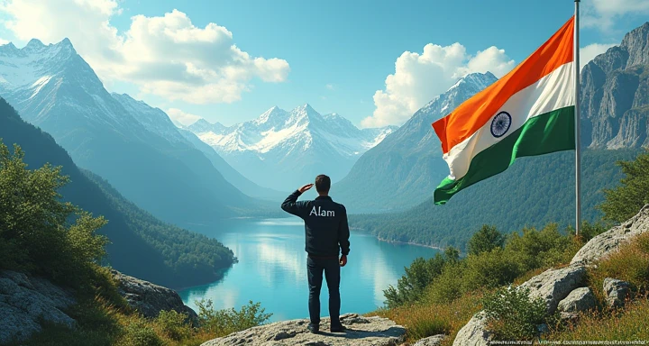 On the right side, a large Indian flag waves proudly, with a Man standing and saluting it. His back is to the viewer, and on the back of his jacket, the name 'Aalam' is clearly written. On the left side, a serene landscape with mountains and a flowing river completes the scene, creating a patriotic and picturesque 3D environment