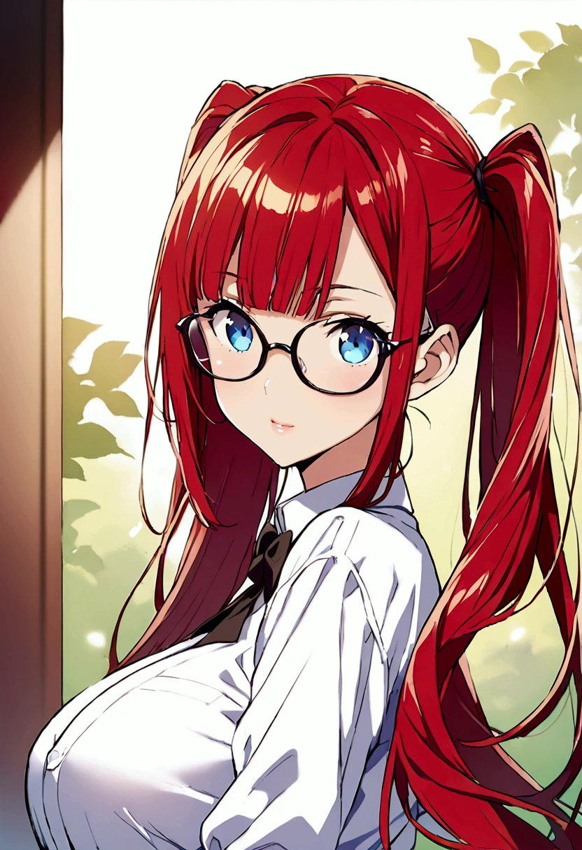 anime、Glasses、Bright Red Hair、Blue Eyes、Twin tails、Hair between the eyebrows、Straight Hair、blunt bangs、White shirt、White shirt、Black bow tie、Big Breasts、super fine illustration,(((beautiful fine hair))),(((beautiful fine face))),(((beautiful fine background))),