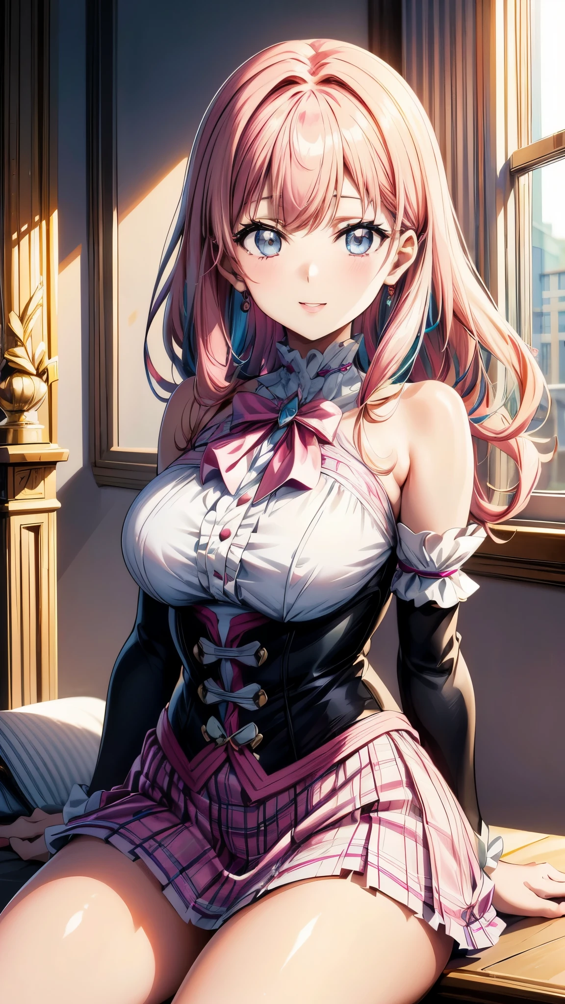 “(Top Quality, Masterpiece, Ultra High Definition, High Resolution, HDR, Unity 8K Wallpaper, Beautiful details, depth, delicacy, vibrant colors). A single girl in an anime style inspired by Epic Seven. She has beautifully detailed eyes, lips and face, her eyelashes are long, she wears an intricate and revealing gyaru-style uniform, a mini skirt, cute ribbons, accessories, her hands are not shown, her hair is multicolored with a striped curly texture, her hands are behind her back, a mix of rainbow hues and half white, half pink tones, the focus is on her upper body, capturing her smiling expression, her arms down, the accented mini skirt, this image highlights her attractive and adorable appearance, exuding an erotic and cute atmosphere. The girl's hairstyle is distinctive and different, adding uniqueness to her look, her hands are behind her back, this scene is rendered in ultra high definition CG, every detail is crisp and sharp.”