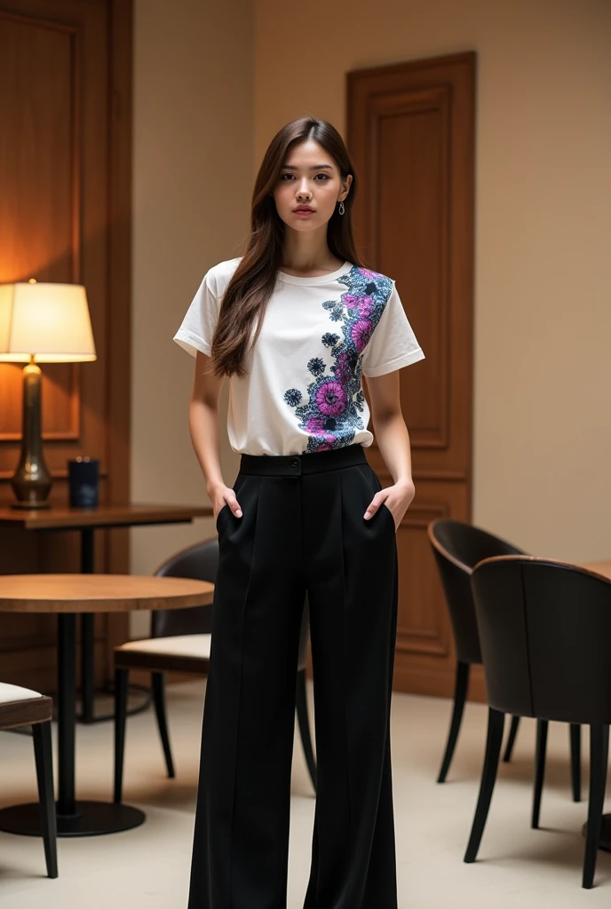Female model. Modern style. Wearing a white short-sleeved round-neck T-shirt with Vietnamese ethnic brocade patterns in purple, blue, and black. Plain black sleeves with 2cm hem. Plain black A-line wide-leg pants, side pockets. Set in a luxurious wooden interior room. Cream-colored walls. Table, chairs, lamps