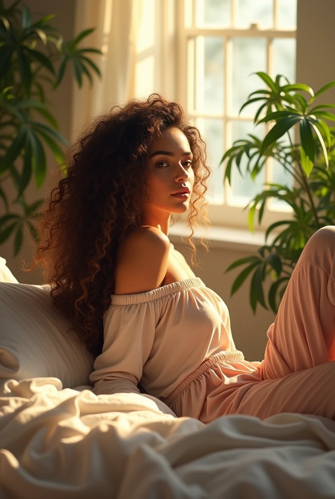 (photorealism:1.2), beautiful woman, sitting on bed, wearing loose off-shoulder top, pajama pants, long curly hair, indoors, soft lighting, plants in background, window with sunlight, cozy room, relaxed pose, realistic, intricate details, warm colors, by Greg Rutkowski, by Alphonse Mucha