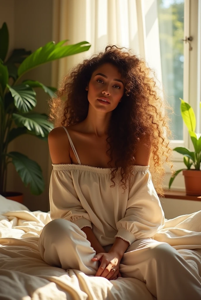 (photorealism:1.2), beautiful woman, sitting on bed, wearing loose off-shoulder top, pajama pants, long curly hair, indoors, soft lighting, plants in background, window with sunlight, cozy room, relaxed pose, realistic, intricate details, warm colors, by Greg Rutkowski, by Alphonse Mucha