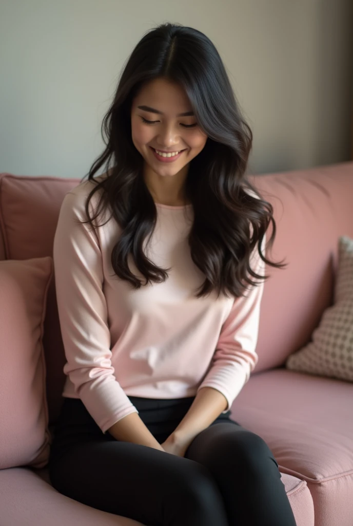 A young woman with long, dark hair sits on a pink sofa, looking down with a gentle smile. She wears a fitted, light pink top with three-quarter sleeves and black pants. The background is simple and neutral, enhancing the cozy, intimate atmosphere of the scene