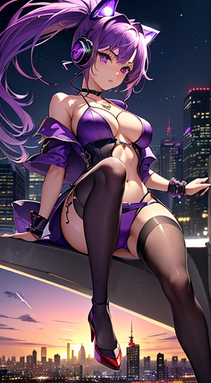 最high quality、Best image quality、masterpiece、and((18-year-old、Best Bust、Large bast,Beautiful purple eyes、Spread your chest wide, Purple ponytail、Slender、Big Valley、Purple Open Chest Rider Suit,Red High Heels、Show the whole body、Purple Necklace、Red face、ツルツルandした質感、Headphones,Holding the stun rod in your hand))high quality、Beautiful art、background((The city shining at night)))、depth((Mass Flying Drones)),Tabletop、Visual Arts、Depth of written boundary、