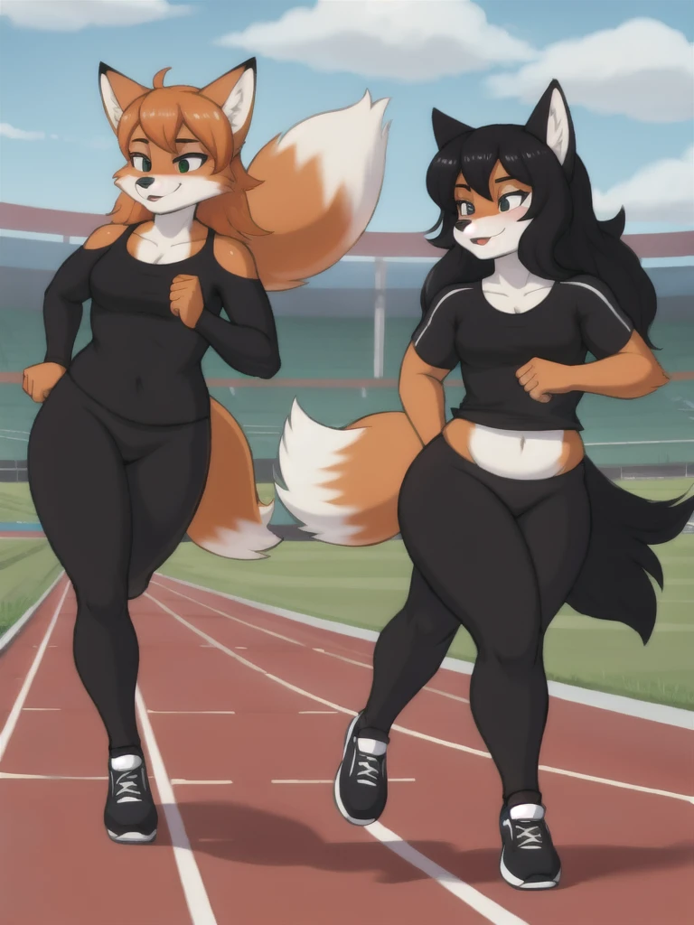 Furry, fox, female, black shirt, black leggings, shoes, running track, friends, full body