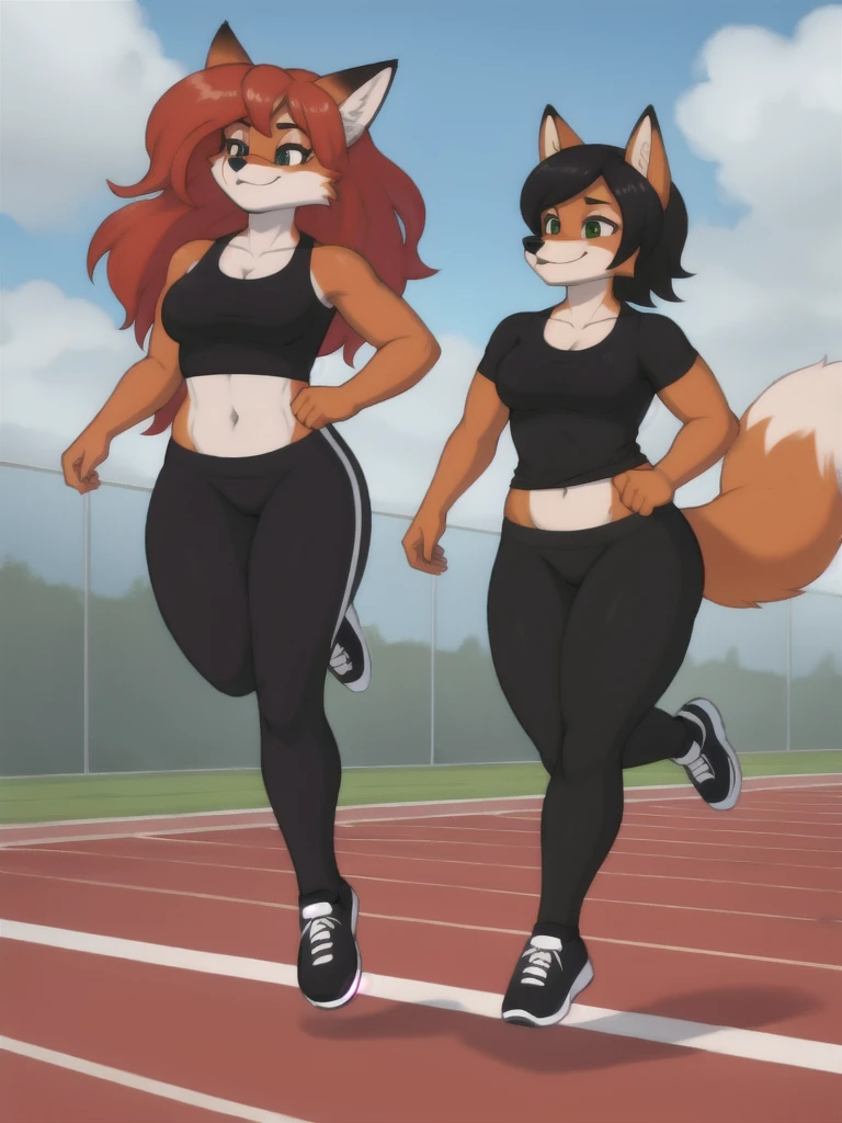 Furry, fox, female, black shirt, black leggings, shoes, running track, friends, full body