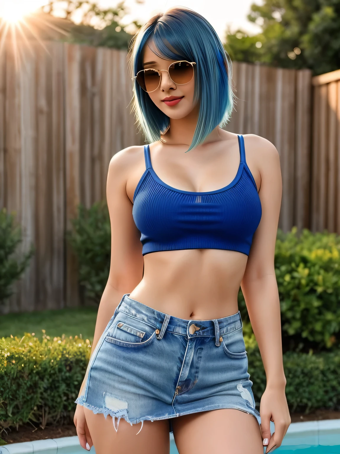 (blue hair:1.4), short hair, realistic green eyes, cobalt hair, long bob hair, tousled hair, shoulder length hair, Full body, woman with white skin and Asian features, 24 year old, big breast. She has a small, elegant nose with a slight upward curve at the tip. Her lips are full and naturally pink, with a well-defined Cupid's bow. Her teeth are straight and white, enhancing her captivating smile. Her face has an oval shape with high cheekbones that add to her model-like appearance. (crack), detailed (texture!, shine, color!!, flaws: 1.1), highly detailed glowing eyes, (looking at camera), specular light, dslr, extreme quality, crystal clear, cute face, detailed skin pores, oil Dark skin, brown, complex eye details, she is far from the camera, A full-body portrait, captured from a distance. Dynamic Frame, 8K, best quality, masterpiece, photorealistic, high resolution, solo, 1 girl, realistic and detailed skin,standing, look at viewer, (sun glasses with thick frame:1.4),slender body shape、((legs spread)), sexy lips,smile,mini jeans skirt, top tank, near a swimming pool, (short hair:1.3), (short hair:1.3)