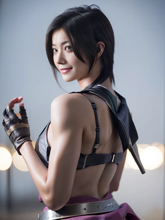 20 year old Japanese beauty，One woman、Muscular body like a bodybuilder、Emphasize the breasts、Slit eyes、A head-to-toe view，Bust is very very large、The background is a medieval European kitchen、High quality photos、Clear, crisp images of the lower body、Masterpiece 8k、Smiling、Holding a sword in his right hand、From the front, from the side, from the back, etc.々from what camera angle to shoot、A ninja costume of purplish-red color