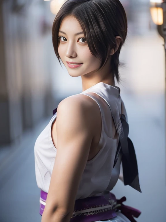 20 year old Japanese beauty,One woman、Muscular body like a bodybuilder、Emphasize the breasts、Slit eyes、A head-to-toe view,Bust is very very large、The background is a medieval European kitchen、High quality photos、Clear, crisp images of the lower body、Masterpiece 8k、Smiling、Holding a sword in his right hand、From the front, from the side, from the back, etc.々from what camera angle to shoot、A ninja costume of purplish-red color