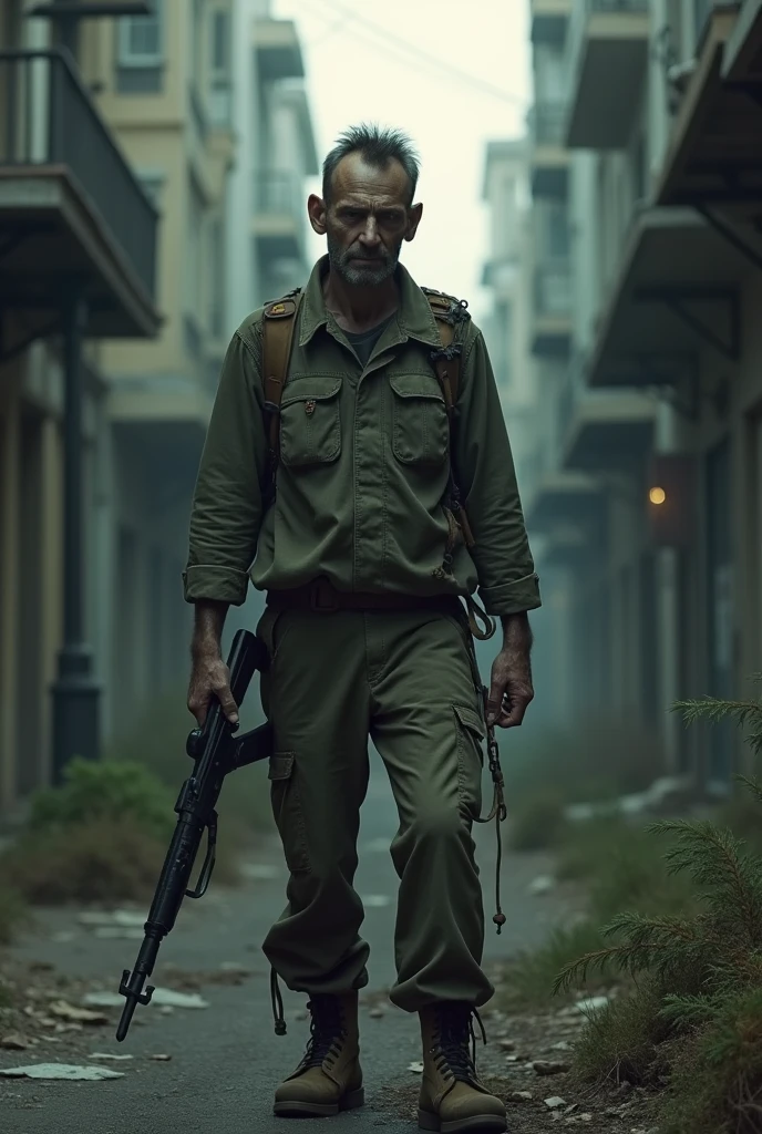 Make me a character who is a retired ex-military man destroyed by a zombie apocalypse and who is more neglected and more emaciated and is not as old as 32 years old and has few resources and make him not so realistic and not so cartoonish a little less realistic