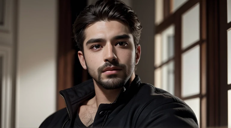 Best quality, masterpiece, ultra high res, (photorealistic:1.4), (male:1.2), (facial hair:0.6), dramatic lighting, in the dark, deep shadow