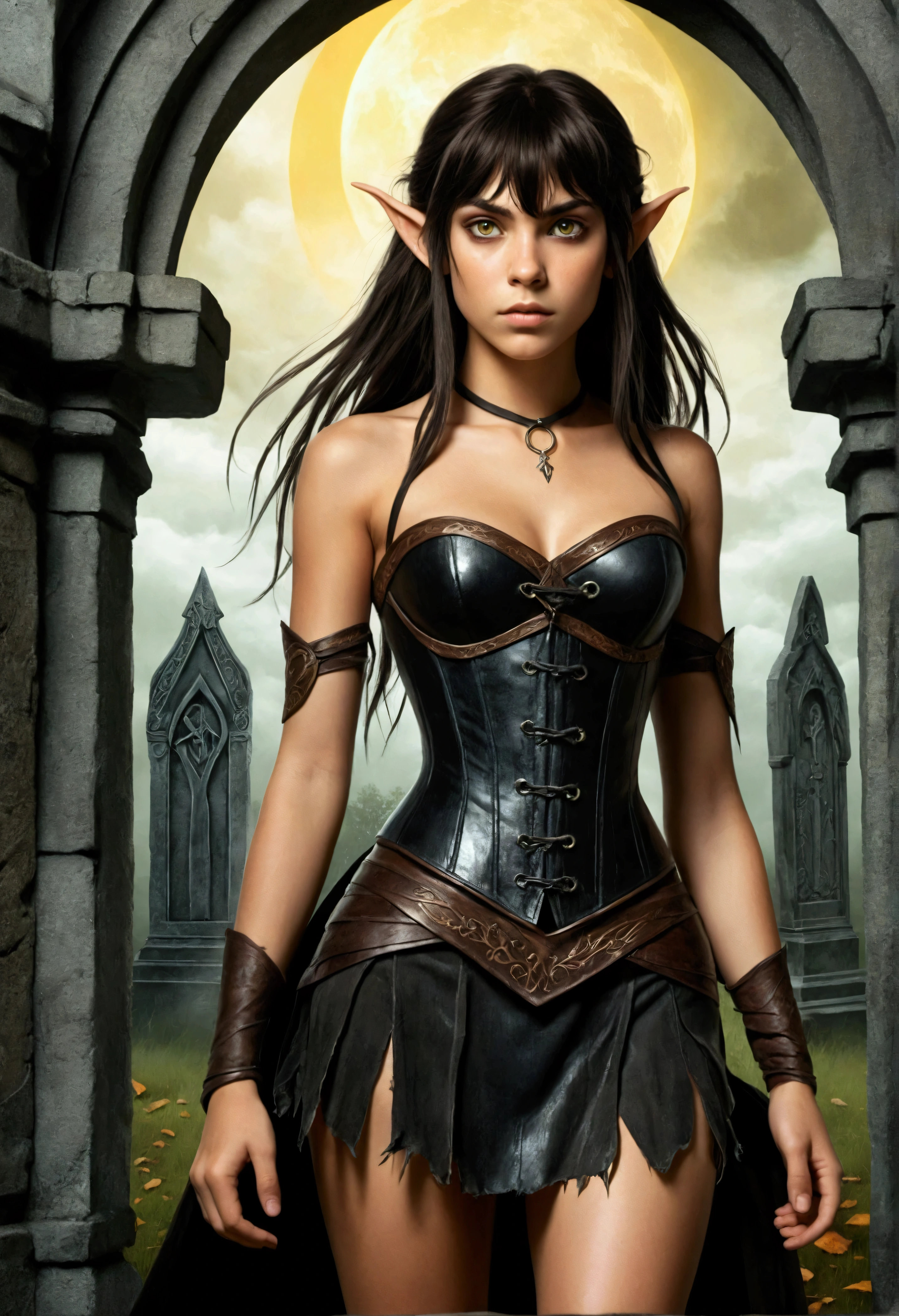 An illustrated movie poster, hand-drawn, full color, a teenage elven girl, wearing a black corset and a frayed miniskirt, tall, toned, amazonian stature, athletic hourglass figure, long pointy elf ears, amber eyes, dark hair, shaggy bob cut with thick bangs, deep sun-tanned skintone, freckles, standing in a spooky gothic cemetery, graphite shading, stencil marks, airbrushed acrylic paint, masterpiece, in the style of the Lord of the Rings
