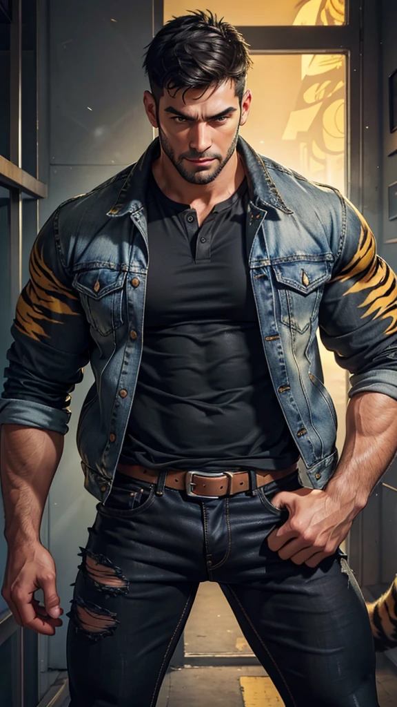 a muscular man, handsome detailed face, short black hair, open denim jacket with yellow tiger print, sexy expression, looking directly at viewers romantically, black undershirt, black pants, 