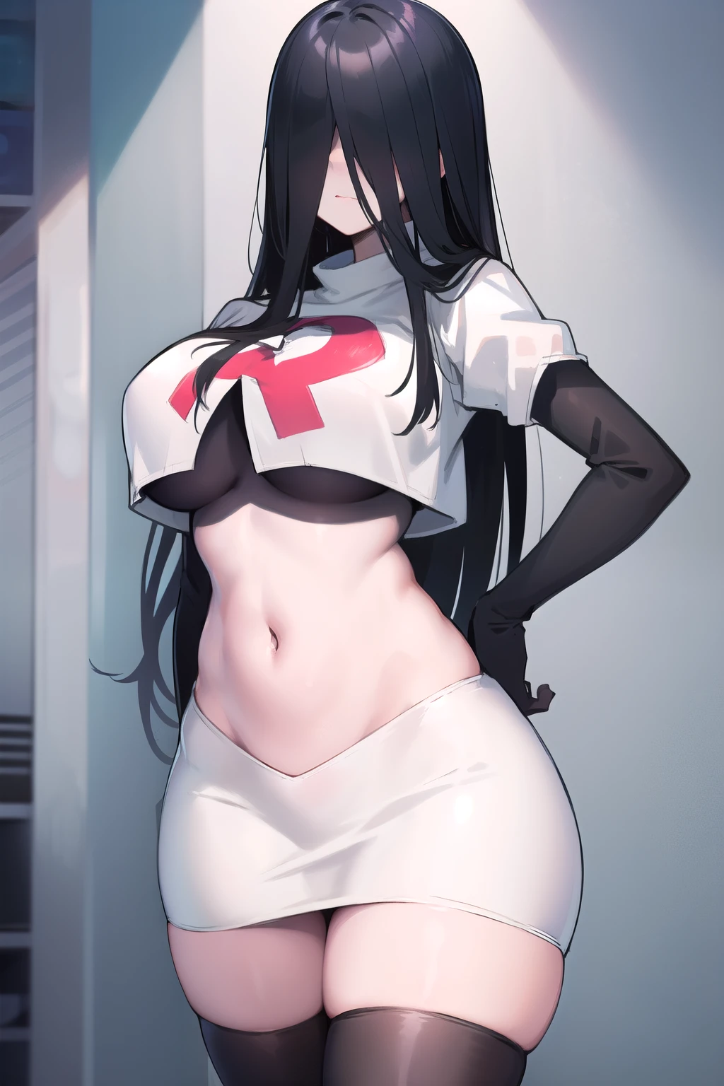 masterpiece, detailed, high quality, absurdres, sadako, (hair over eyes), pale skin, blush, large breasts, curvy, navel, stomach, groin, team rocket,team rocket uniform,white skirt,red letter R,crop top,black thigh-highs,black elbow gloves, cowboy shot,