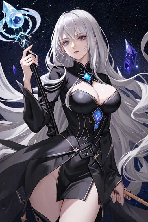 Silver-haired female mage, black jacket, large magic staff, otherworldly space, countless stars shining, confident face, rose tattoo on her thigh, full breasts, cleavage