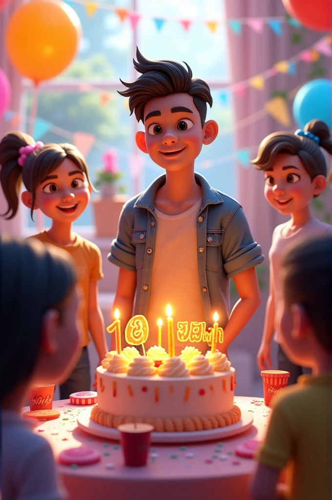 A 3D illustration capturing Ankit in a vibrant birthday party setting, dressed in modern casual attire, with a birthday cake in front of him featuring "Happy 20th Ankit" beautifully inscribed.